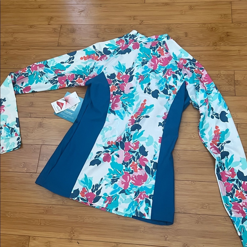 NWT Coolibar Escalante Full Zip Rash Guard 1/4 zip UPF 50+ Blue Floral Sz m bra - Picture 5 of 5